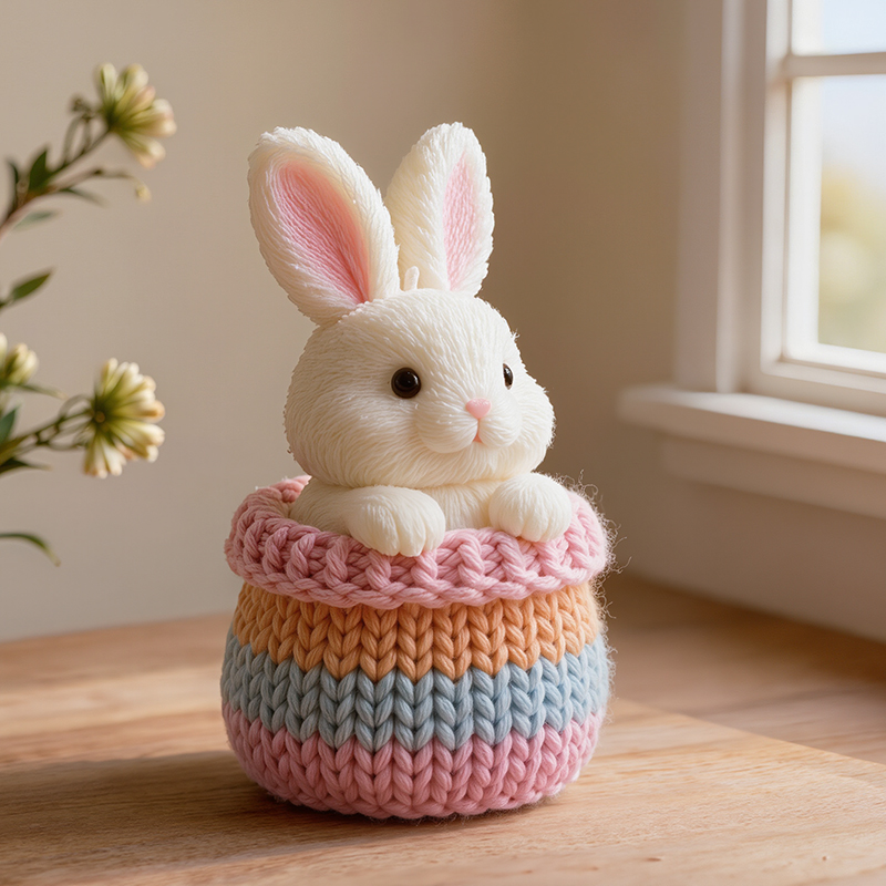 Candle Making Yarn - İplik Dokulu Sepet Şeklinde Tavşan Şeklinde